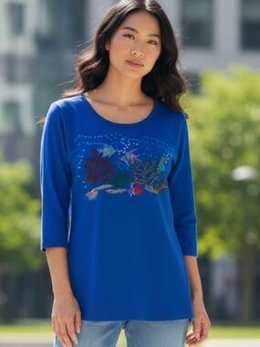 NWT Quacker Factory Women S Sea-Scape Coral Fish Cotton 3/4 Sleeve, Tunic